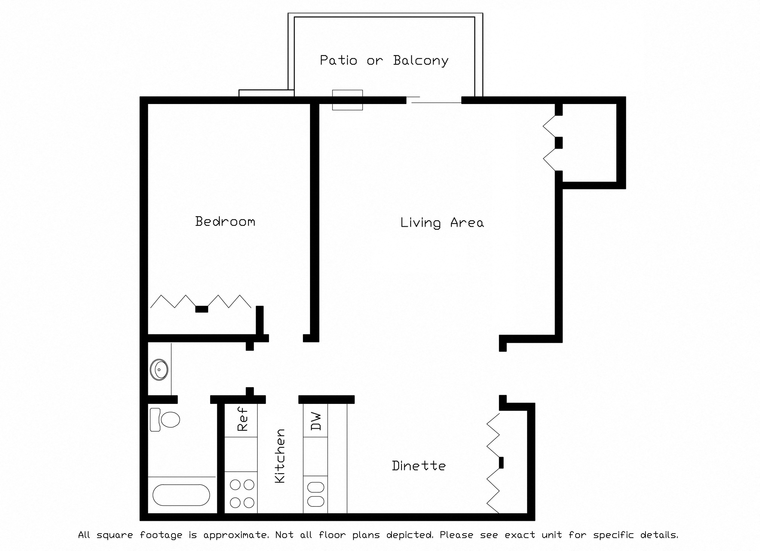 Floor plan for 1 bed, 1 bath, 760 sqft